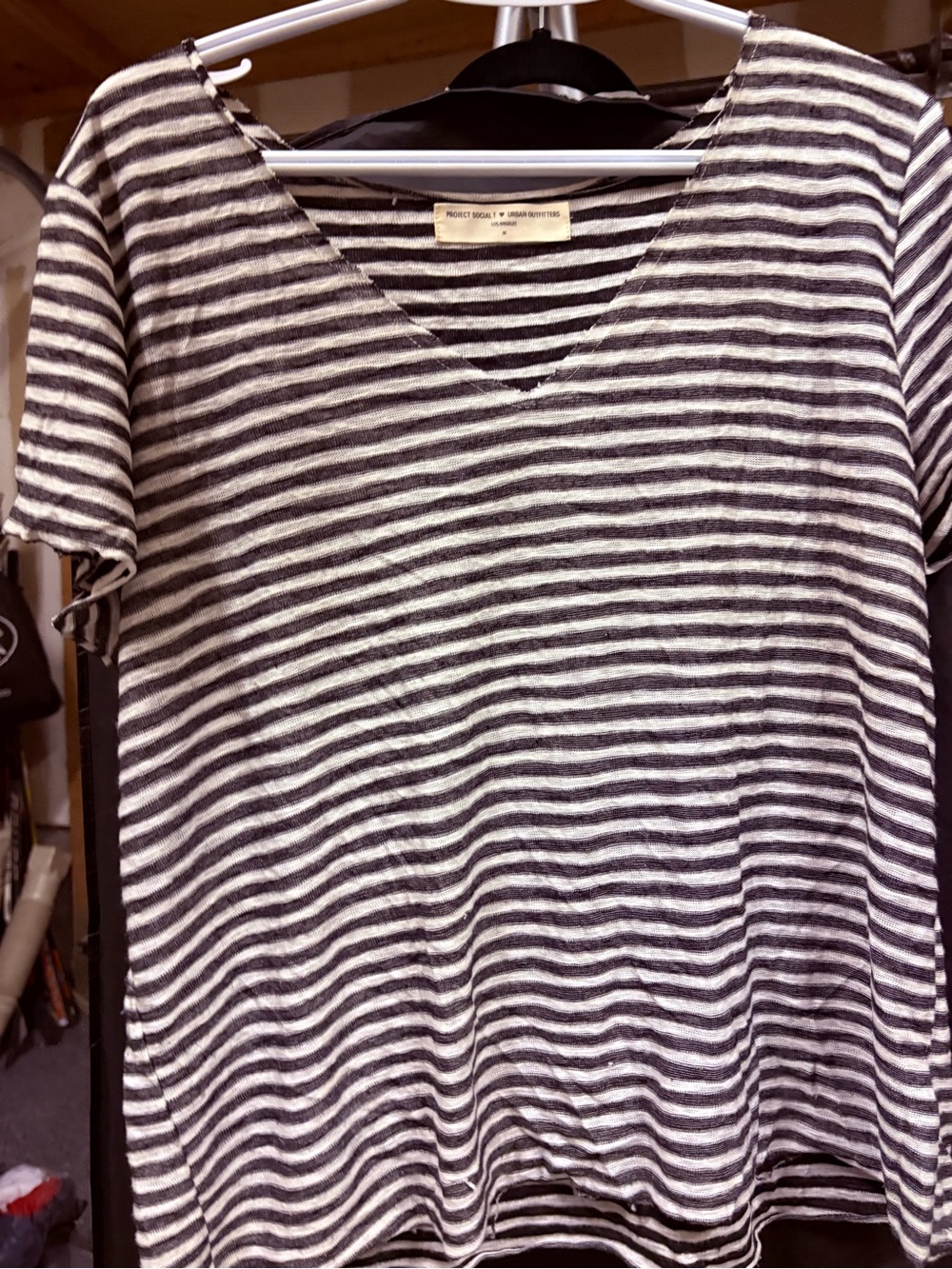 Project Social T Black & White Striped V-Neck Short Sleeve Top